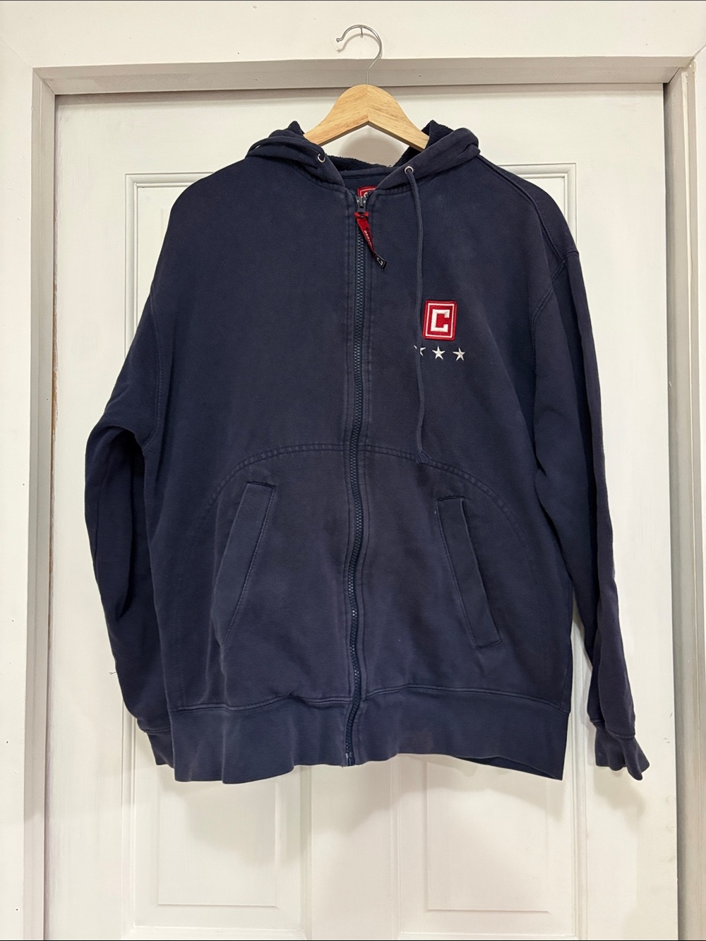 Chaps Navy Zip-Up Hoodie with Red Chest Patch